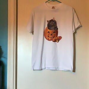 Women’s White Medium T-shirt with Cat in a Pumpkin on the front